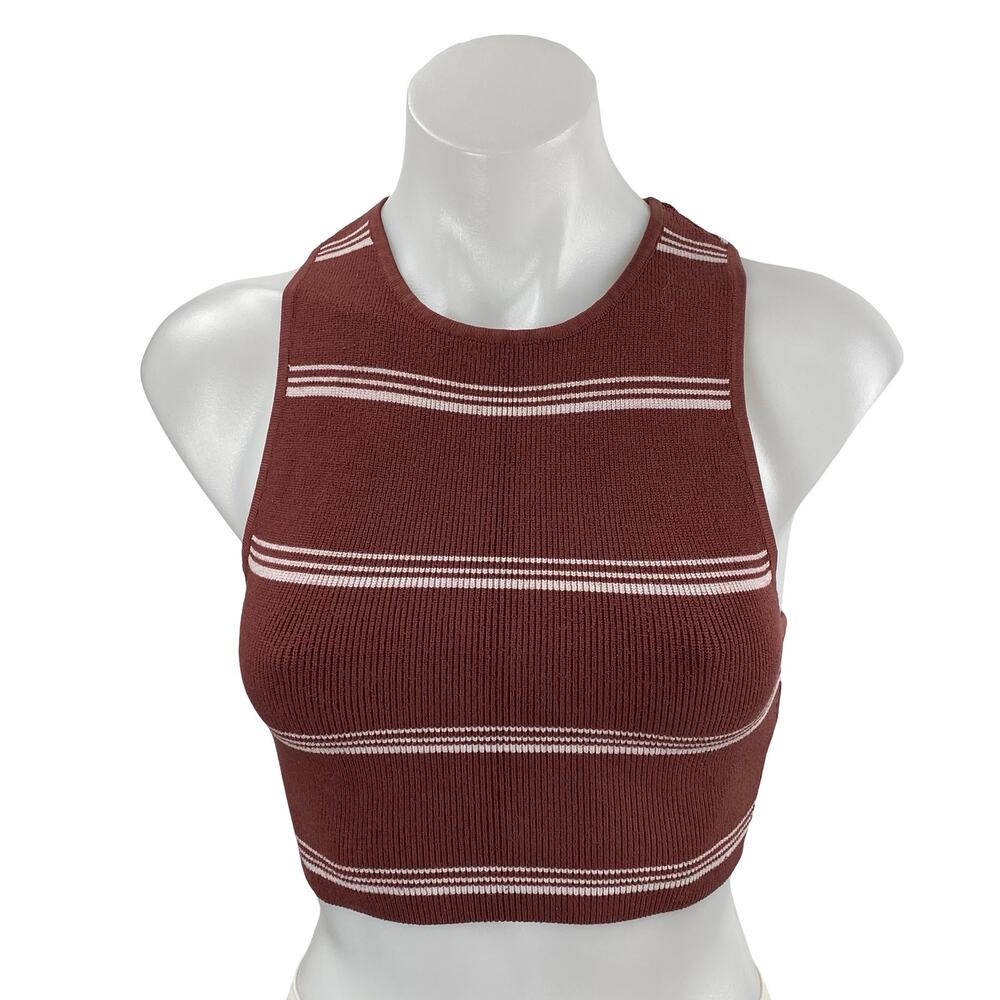 Aritzia Babaton Brown Striped Sculpt High Neck Sleeveless Tank Crop Top Size S